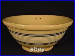 RARE 1860s AMERICAN 11 ¾ BLUE & WHITE 10 BAND JEFFORDS COLANDER YELLOW WARE