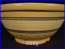 RARE 1860s AMERICAN 11 ¾ BLUE & WHITE 10 BAND JEFFORDS COLANDER YELLOW WARE