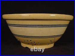 RARE 1860s AMERICAN 11 ¾ BLUE & WHITE 10 BAND JEFFORDS COLANDER YELLOW WARE