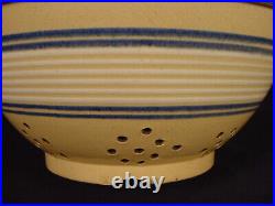 RARE 1860s AMERICAN 11 ¾ BLUE & WHITE 10 BAND JEFFORDS COLANDER YELLOW WARE