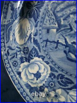 RARE BLUE & WHITE TRANSFERWARE PLATE TULIP BORDER PUNTING RIVER CHERWELL c. 1825
