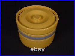 RARE EARLY AMERICAN McCOY BUTTER CROCK with LID BLUE and WHITE BANDS YELLOW WARE
