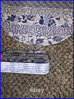Rachel Ashwell Blue White Floral Filigree Melamine Plates Bowls Platter 13 Piece