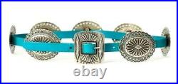 Ralph Lauren Concho Native West White Turquoise 7 Plate Leather Buckle Belt