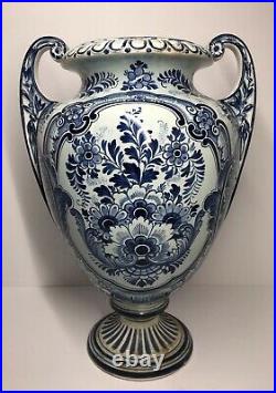 Rare 14 3/4 Antique Delft Dingendorf Franz Anton Mehlem Vase Bonn Blue & White