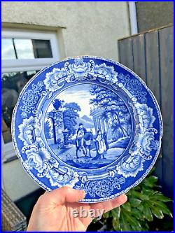 Rare Antique 1820's Sundial Pattern Man On Horse Blue & White Pearlware Plate