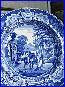 Rare Antique 1820's Sundial Pattern Man On Horse Blue & White Pearlware Plate