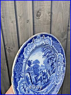 Rare Antique 1820's Sundial Pattern Man On Horse Blue & White Pearlware Plate