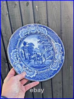 Rare Antique 1820's Sundial Pattern Man On Horse Blue & White Pearlware Plate