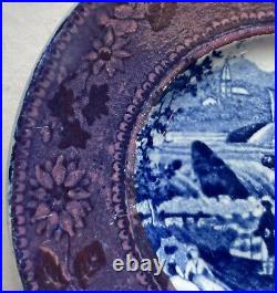 Rare Antique Pearlware Cup Plate, Blue Transfer & Pink Lustre, English, 1825ish