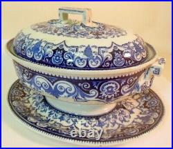 Rare Antique WEDGWOOD Sauce TUREEN & Underplate Blue & White Serving 19th C