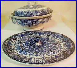 Rare Antique WEDGWOOD Sauce TUREEN & Underplate Blue & White Serving 19th C