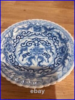 Rare Fluted Blue White Porcelain Kangxi period (1662-1722) Shallow Bowl / Plate