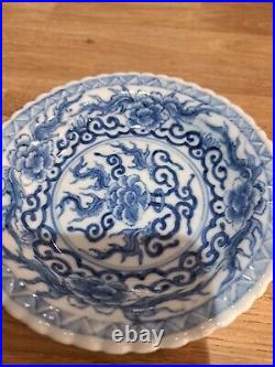 Rare Fluted Blue White Porcelain Kangxi period (1662-1722) Shallow Bowl / Plate