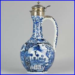 Rare Large Antique 17th Blue & White Arita Jug Silver Mount Japanese Porcelain