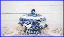 Rare Large Antique Victorian Blue & White Willow Pattern Lidded Tureen Dish