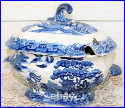 Rare Large Antique Victorian Blue & White Willow Pattern Lidded Tureen Dish