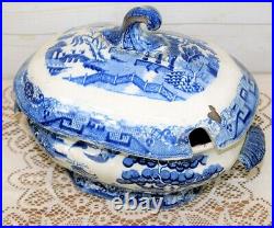 Rare Large Antique Victorian Blue & White Willow Pattern Lidded Tureen Dish