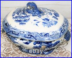 Rare Large Antique Victorian Blue & White Willow Pattern Lidded Tureen Dish