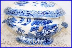 Rare Large Antique Victorian Blue & White Willow Pattern Lidded Tureen Dish