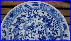 Rare Large Chinese Antique Blue & White Double Dragon Charger Plate 14.75 38cms