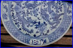 Rare Large Chinese Antique Blue & White Double Dragon Charger Plate 14.75 38cms