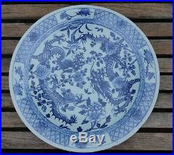 Rare Large Chinese Antique Blue & White Double Dragon Charger Plate 14.75 38cms