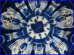 Rare Large Dutch Delft Antique Tulip Plate Charger Blue White 18th. C. (6958)