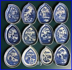 Rare Set of 12 Chinese Export Blue & White Leaf-form Porcelain Dishes Qianlong