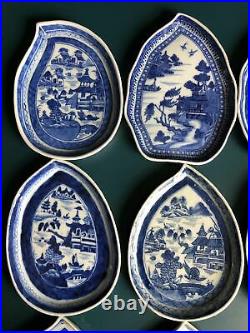 Rare Set of 12 Chinese Export Blue & White Leaf-form Porcelain Dishes Qianlong