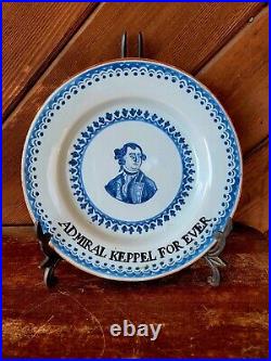 Rare c. 1780 English Blue & White Delft Admiral Keppel Plate 8 3/4