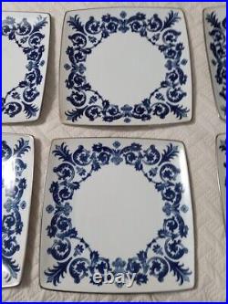 Rare vintage set of six blue and white Bombay plates, square floral design