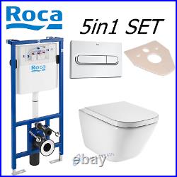 Roca Frame + Flush Plate + Roca Gap Rimless Wall Hung Toilet Pan Soft Close Seat