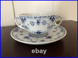 Royal Copenhagen Blue Fluted Half Lace Cream Soup Bowl & Saucer First Quality