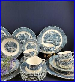 Royal -Currier & Ives Early Winter 42 Pcs Dinnerware Blue/White, Scrolls