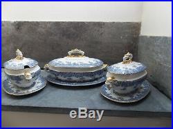 Royal Worcester Tureens Set 3 Blue & White Elephant Handles Under Plates 1880s