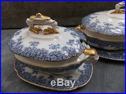 Royal Worcester Tureens Set 3 Blue & White Elephant Handles Under Plates 1880s