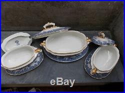 Royal Worcester Tureens Set 3 Blue & White Elephant Handles Under Plates 1880s