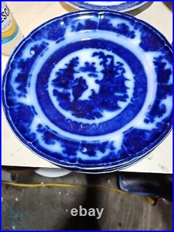 SET OF 5 Antique Flow Blue White 9.75 Dinner Plates The Temple 1834-1859