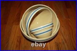SET of 4 NESTED & GRADUATED BLUE & WHITE BANDED YELLOW WARE BOWLS VINTAGE