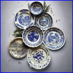 SEVEN Blue and White Plates/Dishes. Mismatched Blue & White Transferware Plates