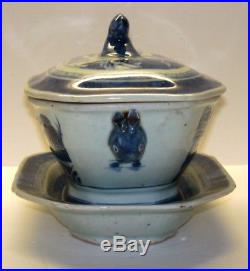 SMALL QING CHINESE EXPORT TUREEN CANTON BLUE WHITE PORCELAIN With UNDER PLATE 7