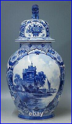 @ SUPERB @ Antique Porceleyne Fles large blue & white lidded Delft vase castle