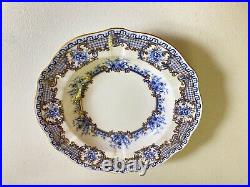 Set 12 Royal Crown Derby blue&white floral, lace, gold accents soup bowl, ca. 1889