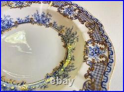 Set 12 Royal Crown Derby blue&white floral, lace, gold accents soup bowl, ca. 1889