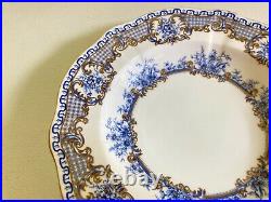 Set 12 Royal Crown Derby blue&white floral, lace, gold accents soup bowl, ca. 1889