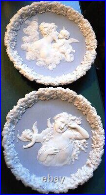 Set 2 Antique SCHAFER & VATER Blue Jasperware Wall Plaque Dishes CUPIDS/WOMEN 3D