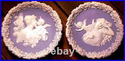 Set 2 Antique SCHAFER & VATER Blue Jasperware Wall Plaque Dishes CUPIDS/WOMEN 3D