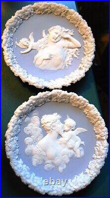 Set 2 Antique SCHAFER & VATER Blue Jasperware Wall Plaque Dishes CUPIDS/WOMEN 3D