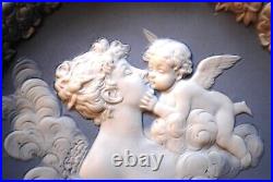 Set 2 Antique SCHAFER & VATER Blue Jasperware Wall Plaque Dishes CUPIDS/WOMEN 3D